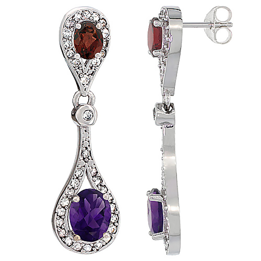 10K WHITE GOLD NATURAL AMETHYST & GARNET OVAL DANGLING EARRINGS WHITE SAPPHIRE & DIAMOND ACCENTS, 1 3/8 INCHES LONG