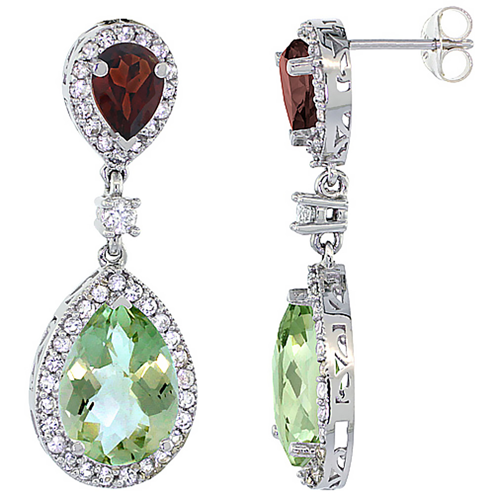 10K WHITE GOLD NATURAL GREEN AMETHYST & GARNET TEARDROP EARRINGS WHITE SAPPHIRE & DIAMOND