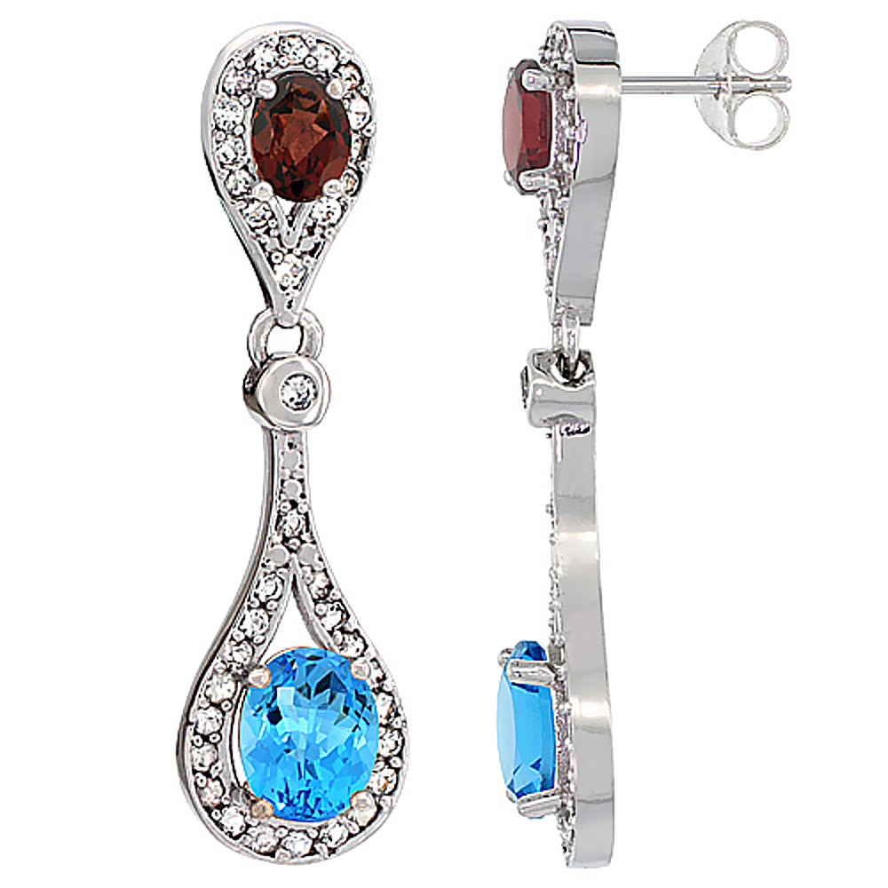 10K WHITE GOLD NATURAL SWISS BLUE TOPAZ & GARNET OVAL DANGLING EARRINGS WHITE SAPPHIRE & DIAMOND ACCENTS, 1 3/8 INCHES LONG