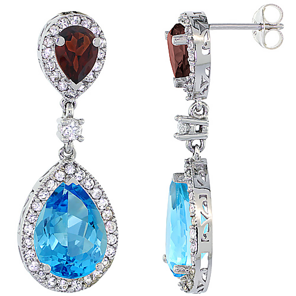10K WHITE GOLD NATURAL SWISS BLUE TOPAZ & GARNET TEARDROP EARRINGS WHITE SAPPHIRE & DIAMOND