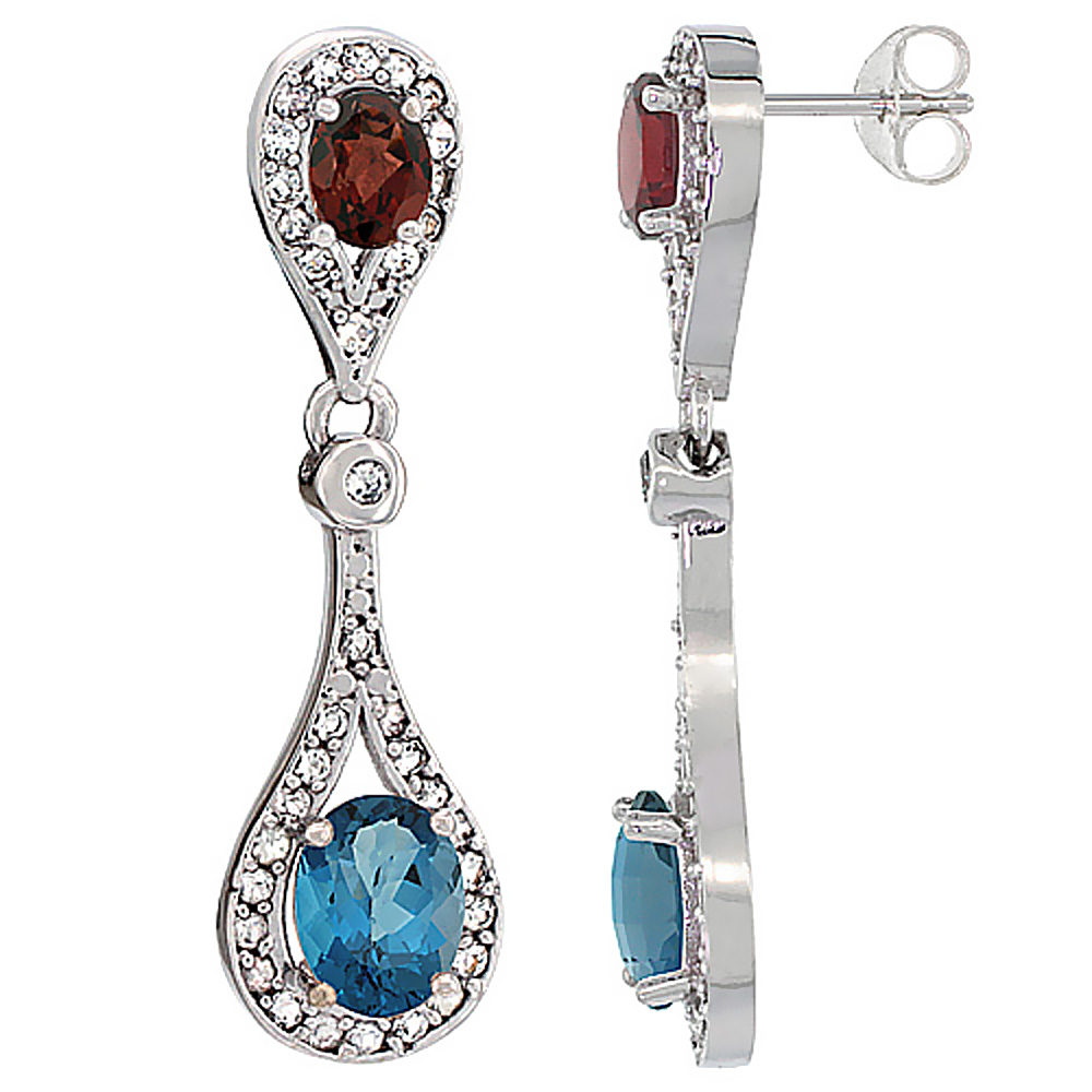 10K WHITE GOLD NATURAL LONDON BLUE TOPAZ & GARNET OVAL DANGLING EARRINGS WHITE SAPPHIRE & DIAMOND ACCENTS, 1 3/8 INCHES LONG