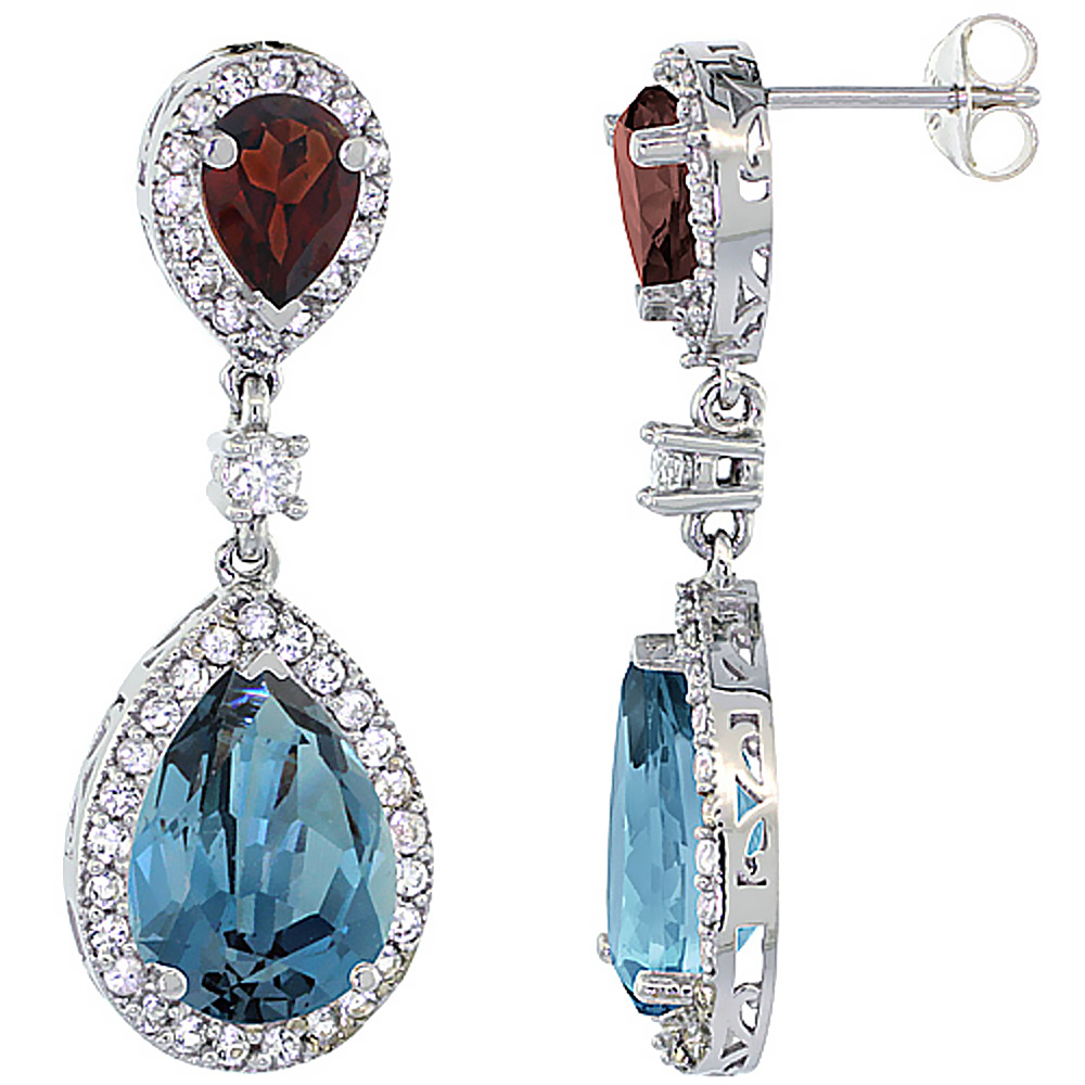 10K WHITE GOLD NATURAL LONDON BLUE TOPAZ & GARNET TEARDROP EARRINGS WHITE SAPPHIRE & DIAMOND