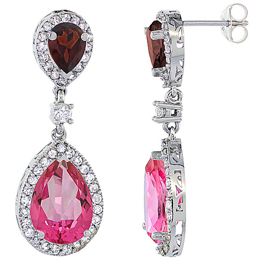 14K WHITE GOLD NATURAL PINK TOPAZ & GARNET TEARDROP EARRINGS WHITE SAPPHIRE & DIAMOND