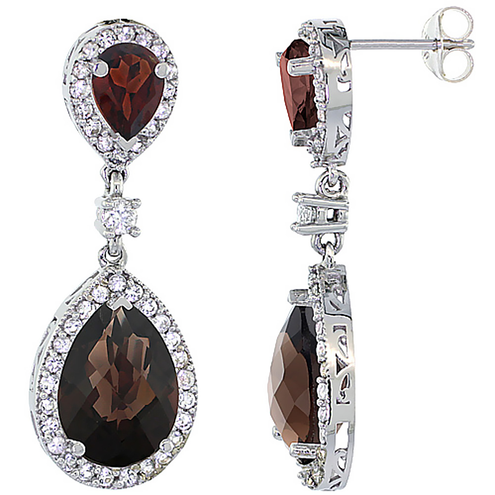 10K White Gold Natural Smoky Topaz & Garnet Teardrop Earrings White Sapphire & Diamond