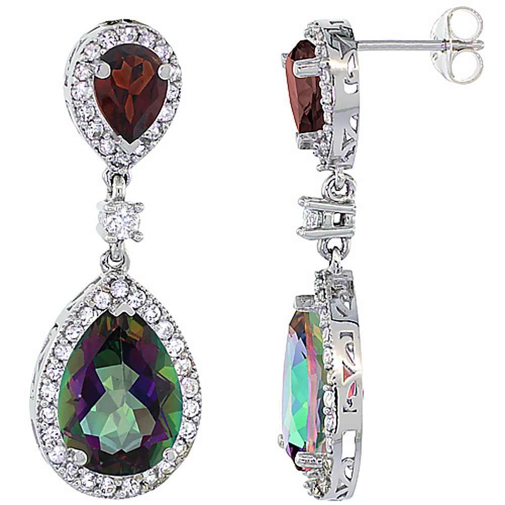 14K WHITE GOLD NATURAL MYSTIC TOPAZ & GARNET TEARDROP EARRINGS WHITE SAPPHIRE & DIAMOND