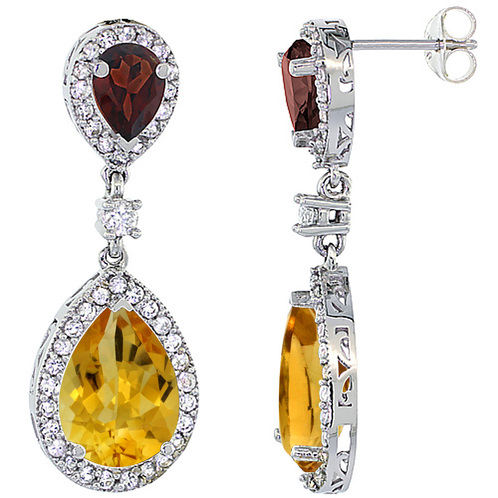14K WHITE GOLD NATURAL CITRINE & GARNET TEARDROP EARRINGS WHITE SAPPHIRE & DIAMOND
