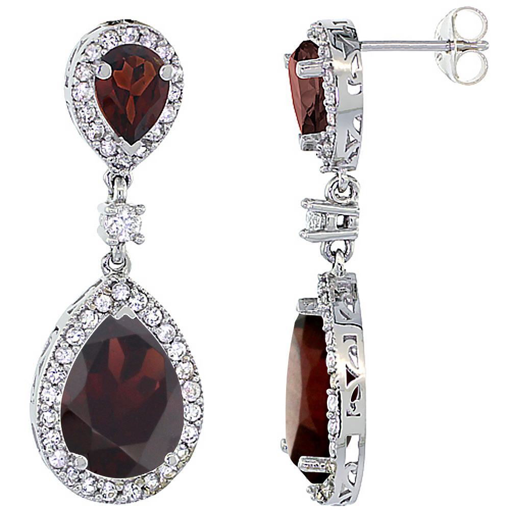 14K WHITE GOLD NATURAL GARNET & GARNET TEARDROP EARRINGS WHITE SAPPHIRE & DIAMOND