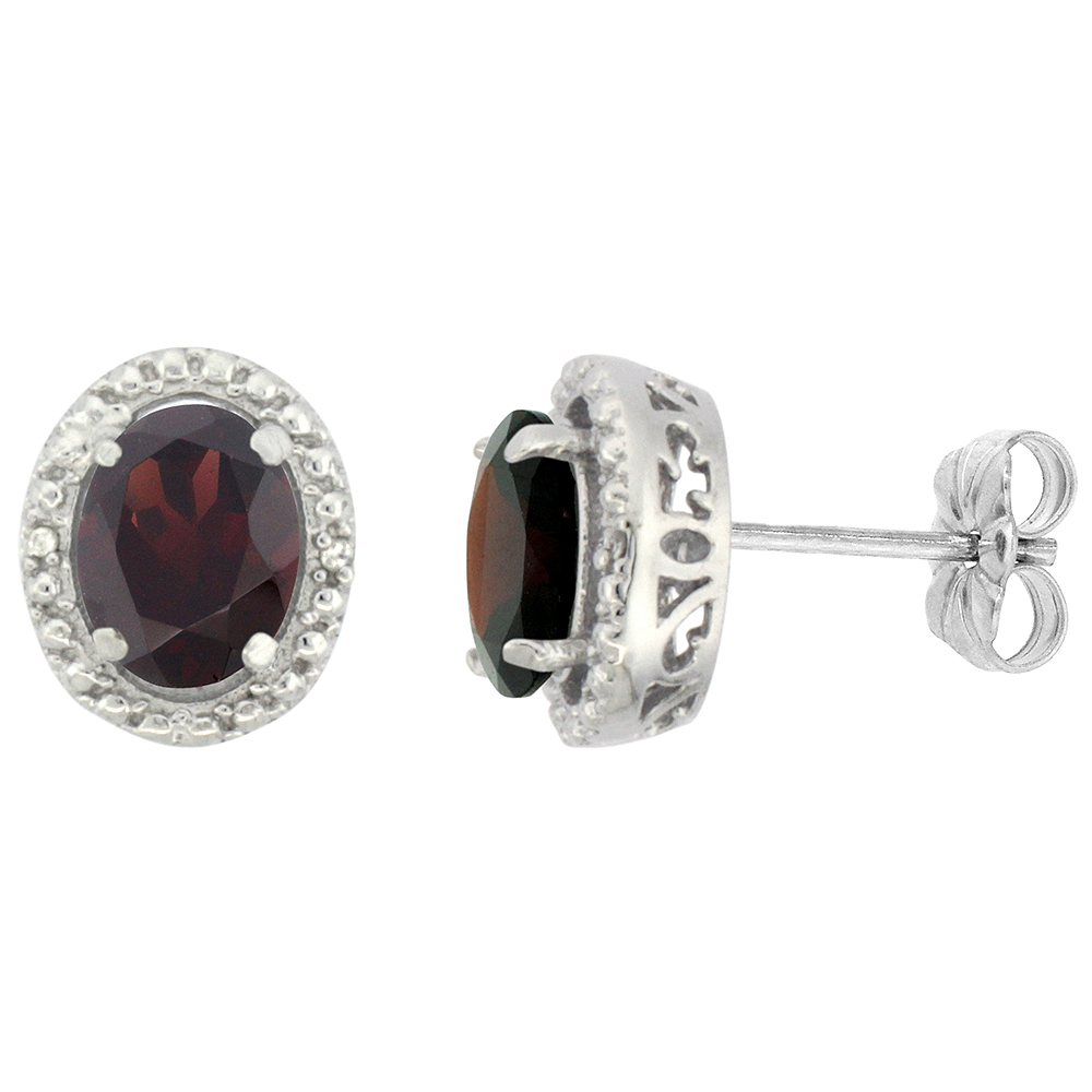 10K White Gold 0.01 cttw Diamond Natural Garnet Post Earrings Oval 7x5 mm