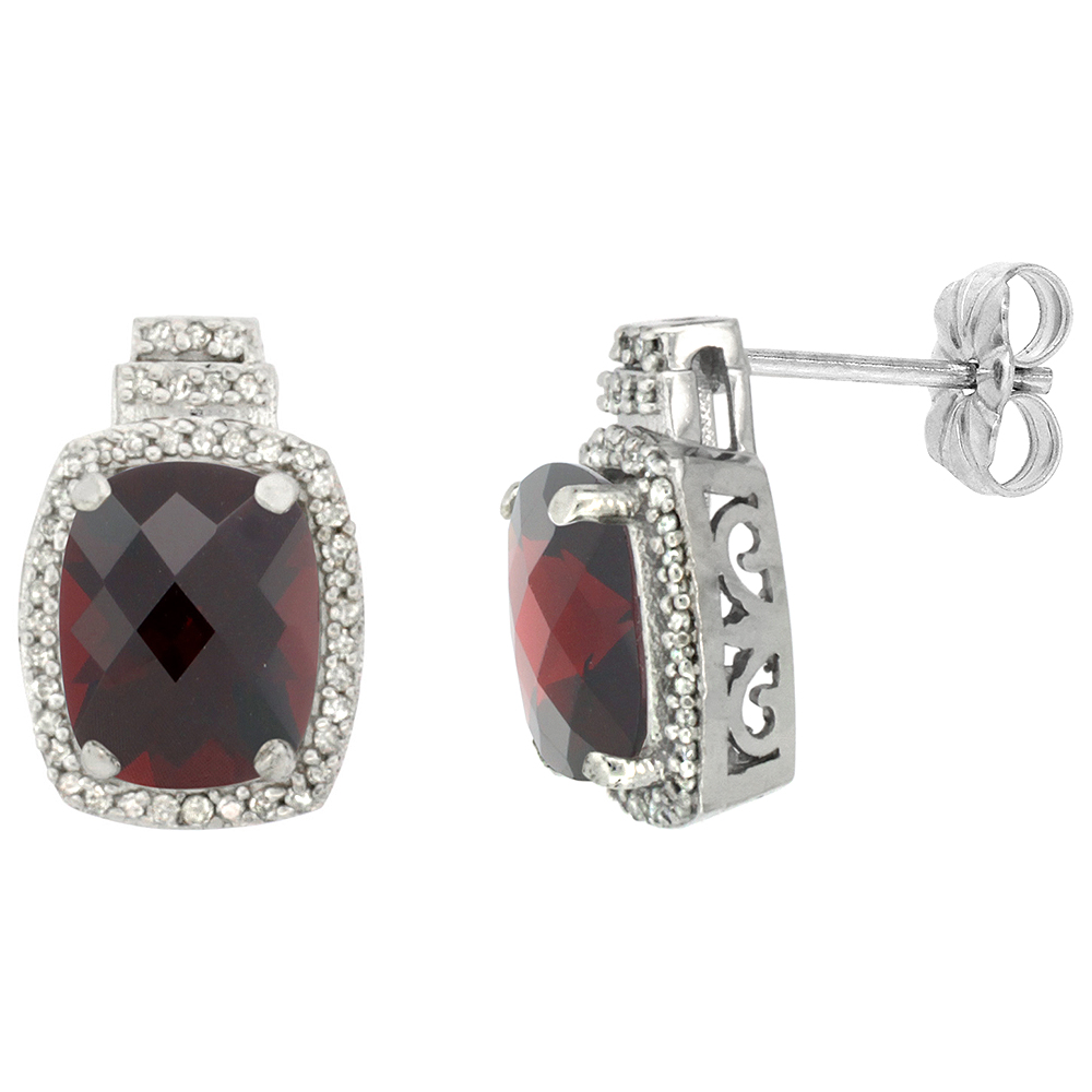 10K White Gold 0.29 cttw Diamond Natural Garnet Earrings Octagon Cushion 8x6 mm