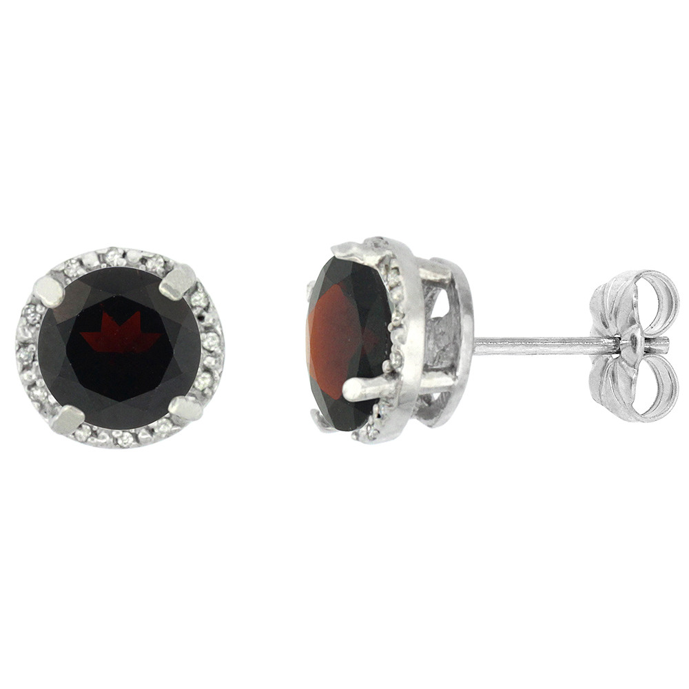 10K White Gold 0.06 cttw Diamond Natural Garnet Earrings Round 7x7 mm