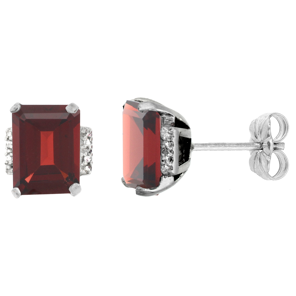 10K White Gold 0.02 cttw Diamond Natural Garnet Earrings Octagon 8x6 mm