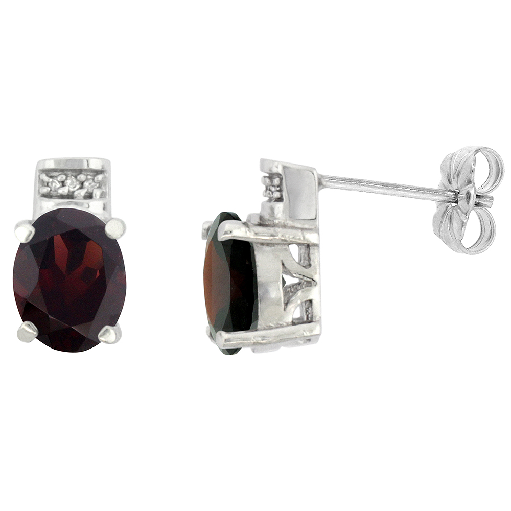 10K WHITE GOLD DIAMOND NATURAL GARNET EARRINGS OVAL 8X6 MM