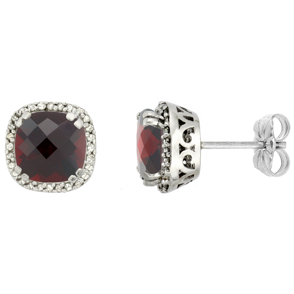 10k White Gold Diamond Halo Natural Garnet Stud Earrings Cushion Shaped 7x7 mm