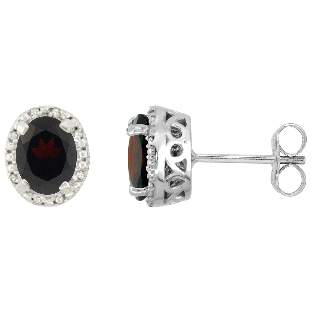 10K White Gold Diamond Halo Natural Garnet Stud Earrings Oval 7x5 mm