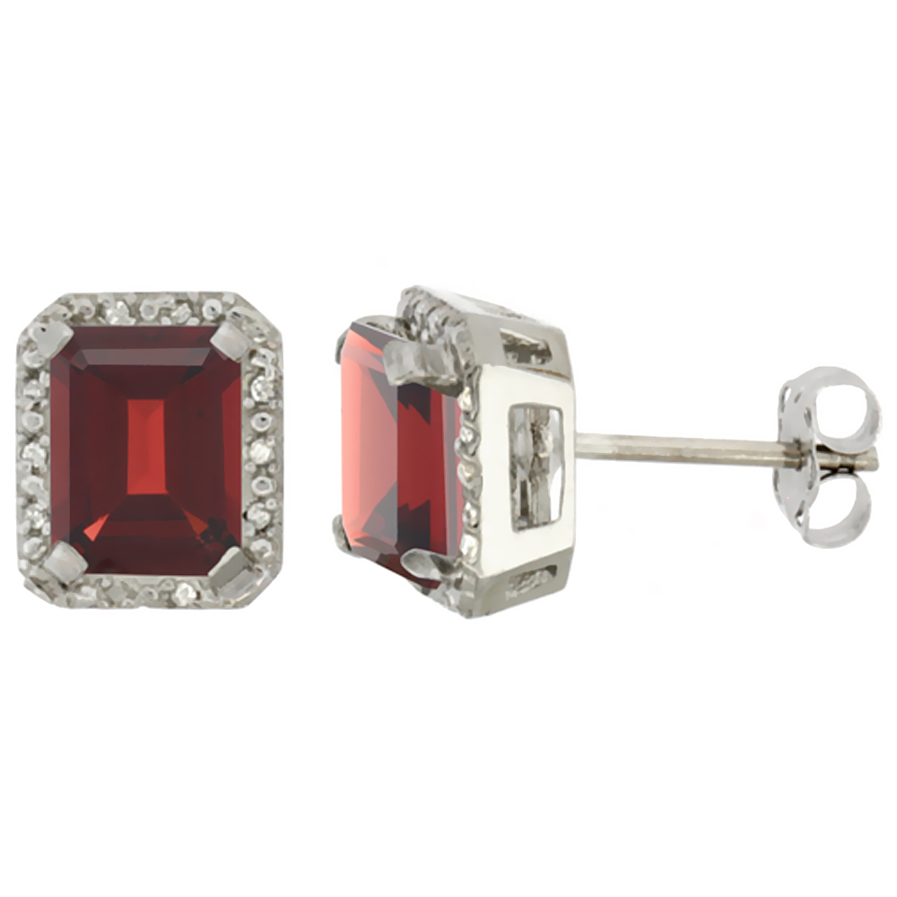 10K White Gold Diamond Natural Garnet Earrings Octagon 8x6 mm