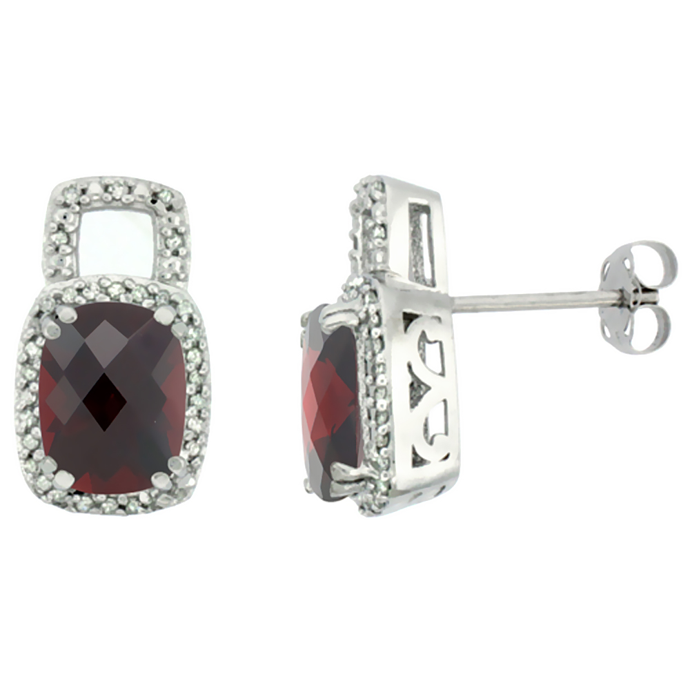 10K White Gold Diamond Natural Garnet Earrings Octagon Cushion 8x6 mm