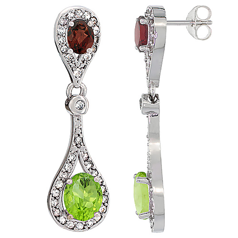 14K WHITE GOLD NATURAL PERIDOT & GARNET OVAL DANGLING EARRINGS WHITE SAPPHIRE & DIAMOND ACCENTS, 1 3/8 INCHES LONG