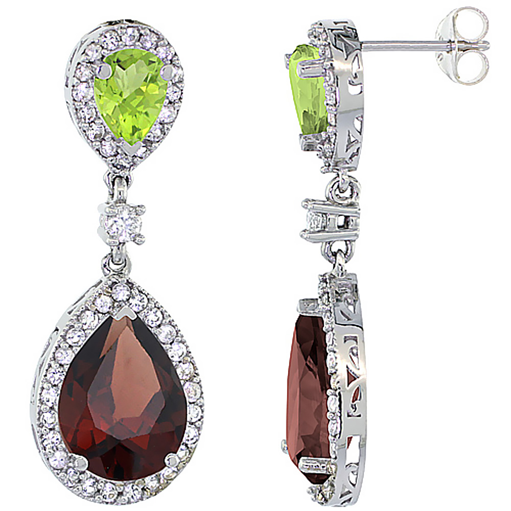 14K WHITE GOLD NATURAL PERIDOT & GARNET TEARDROP EARRINGS WHITE SAPPHIRE & DIAMOND
