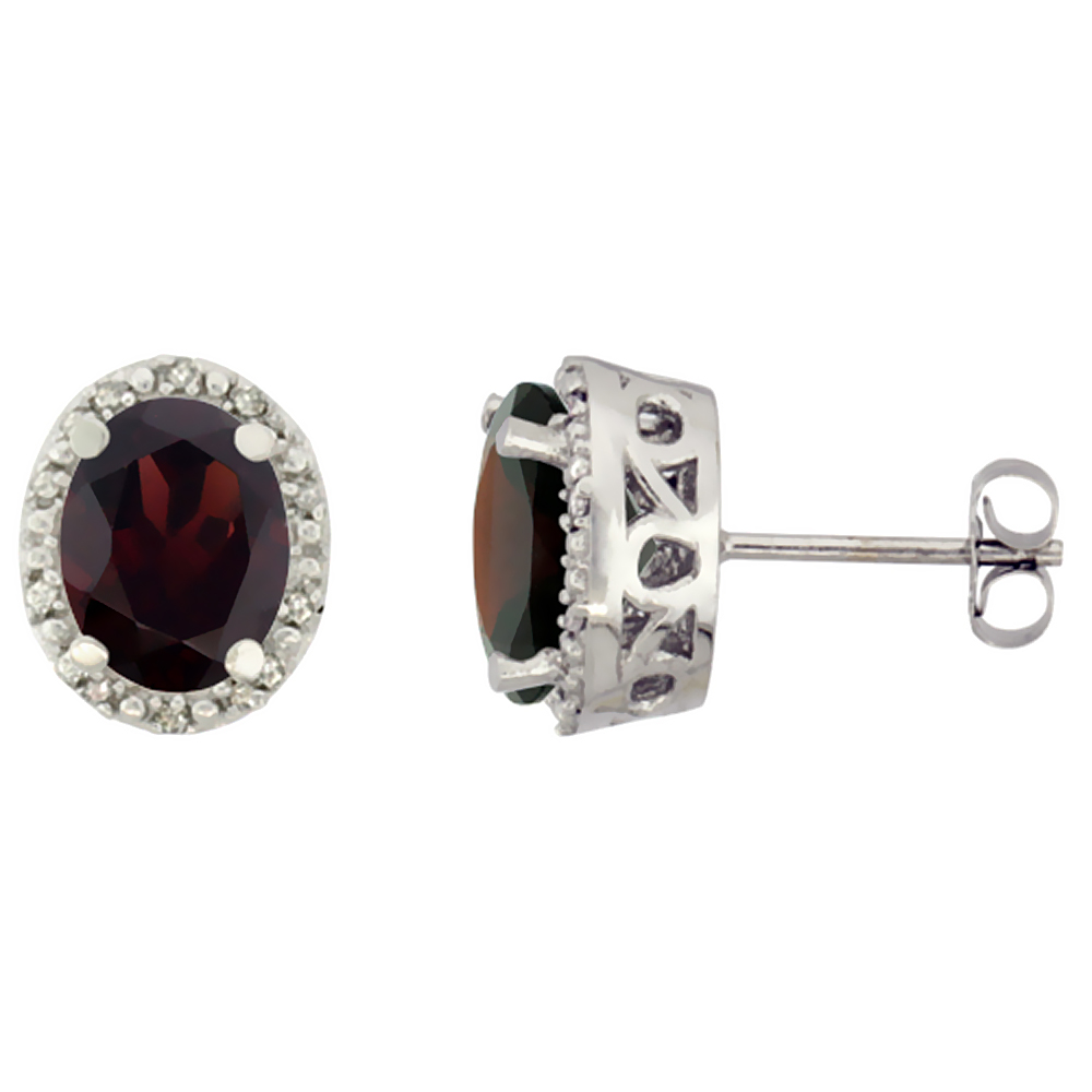 10K White Gold Genuine Garnet Stud Earrings Diamond Halo Oval 8x6 mm