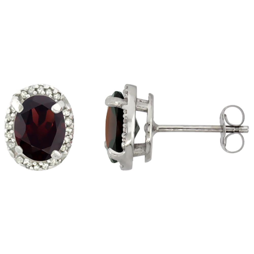 10K White Gold Diamond Natural Garnet Earrings Oval 7x5 mm