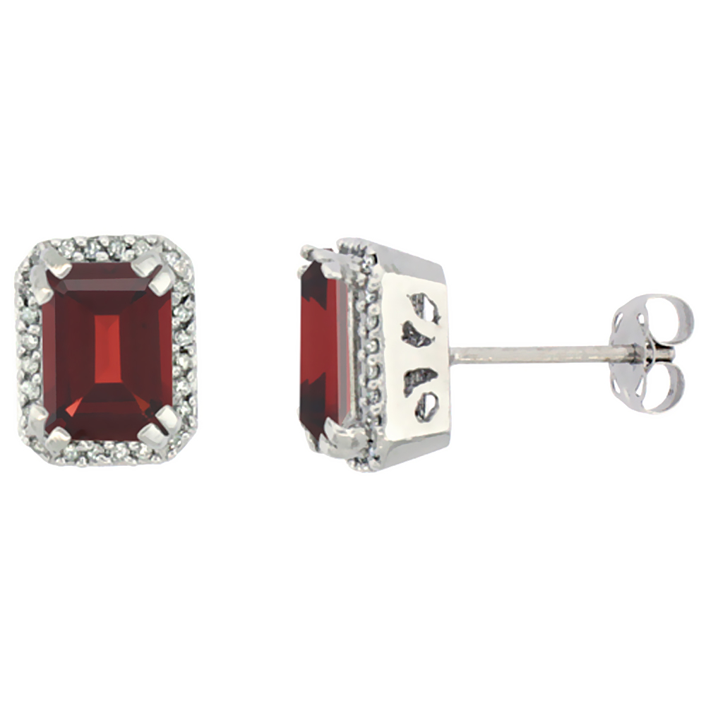 10K White Gold Diamond Natural Garnet Earrings Octagon 7x5 mm