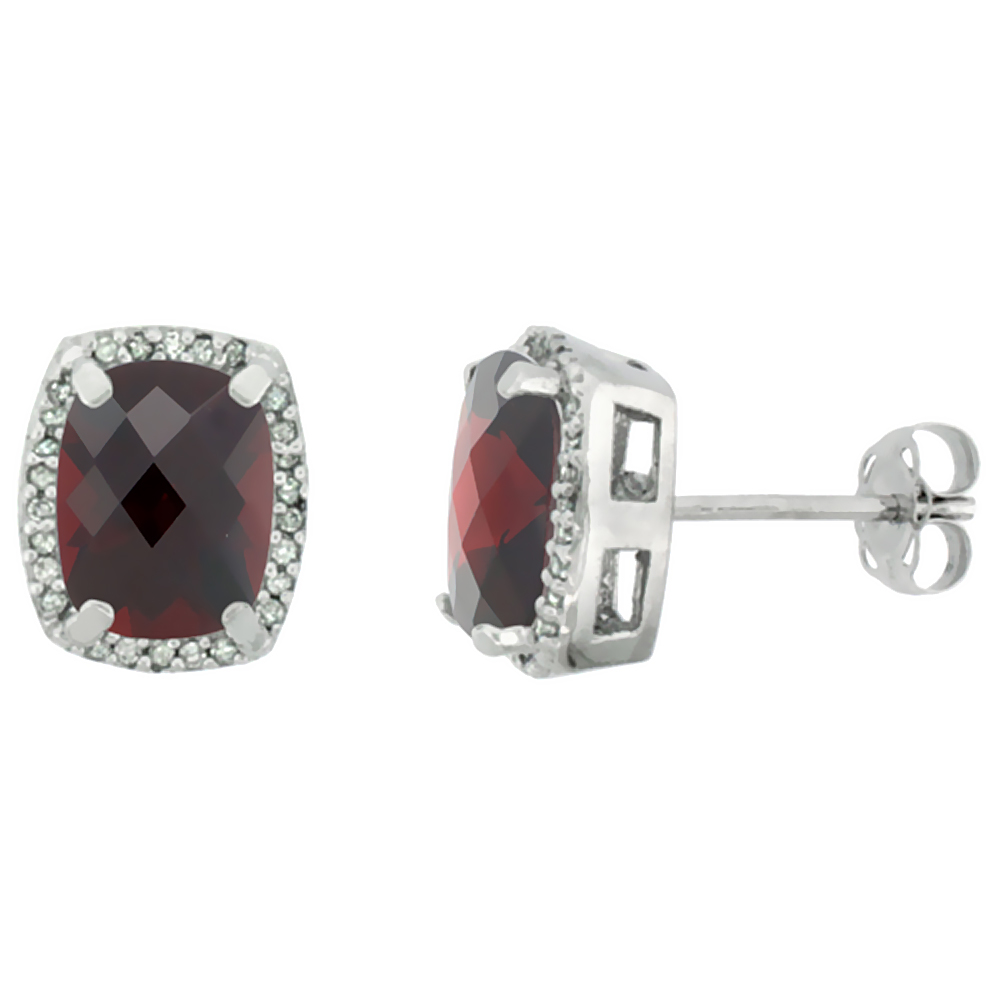 10K White Gold Diamond Natural Garnet Earrings Octagon Cushion 8x6 mm