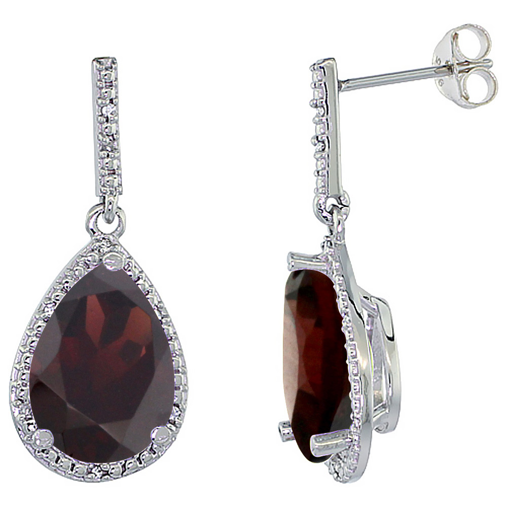 10K White Gold Diamond Halo Natural Garnet Dangle Earrings Pear Shaped 12x8 mm