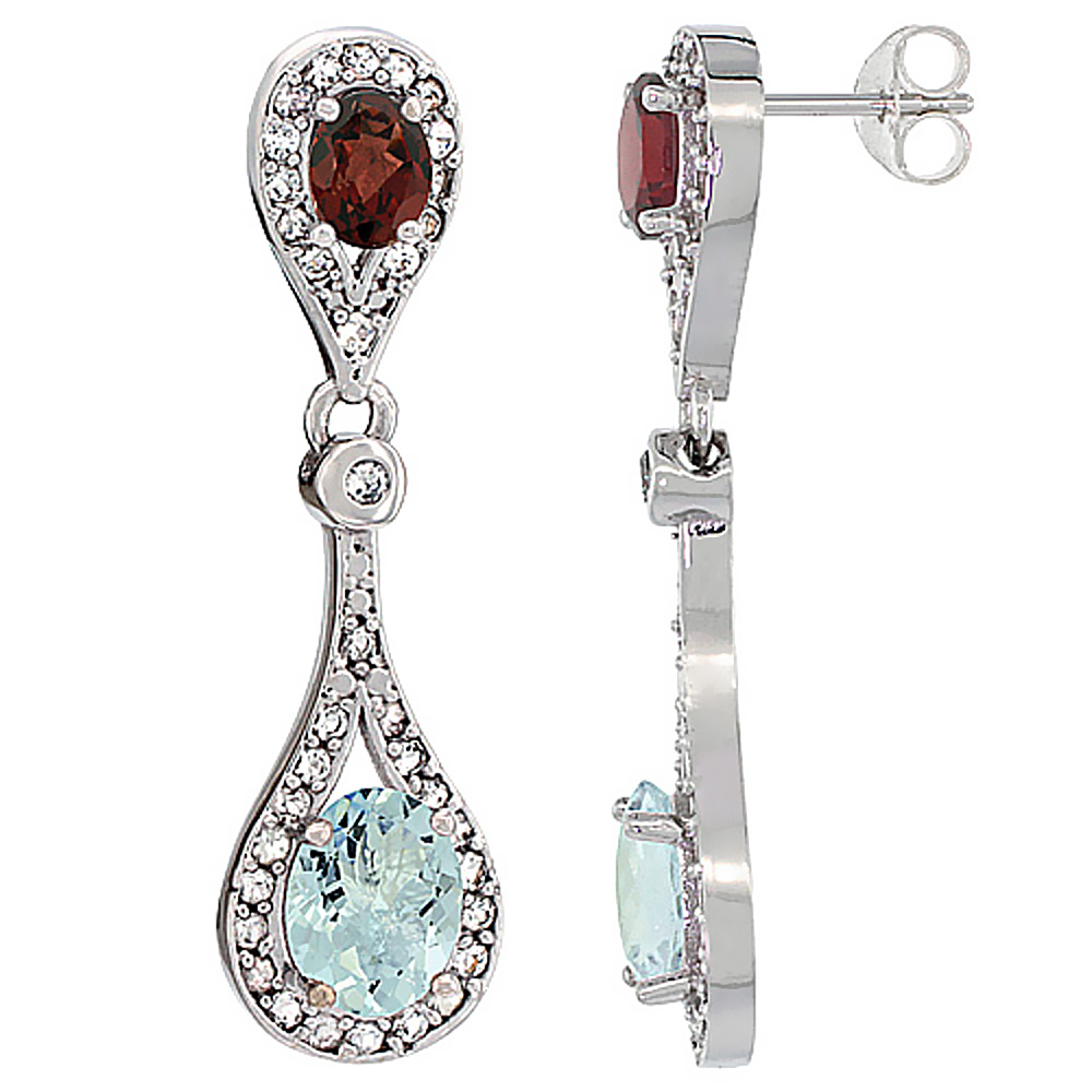 14K WHITE GOLD NATURAL AQUAMARINE & GARNET OVAL DANGLING EARRINGS WHITE SAPPHIRE & DIAMOND ACCENTS, 1 3/8 INCHES LONG