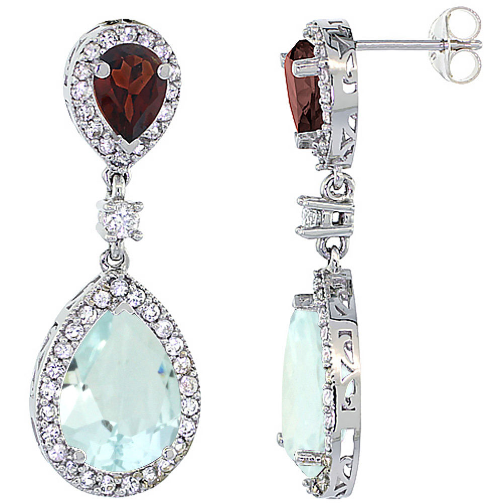 10K White Gold Natural Aquamarine & Garnet Teardrop Earrings White Sapphire & Diamond