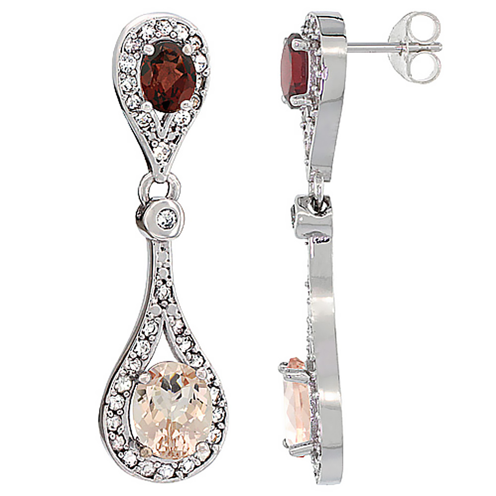 14K WHITE GOLD NATURAL MORGANITE & GARNET OVAL DANGLING EARRINGS WHITE SAPPHIRE & DIAMOND ACCENTS, 1 3/8 INCHES LONG