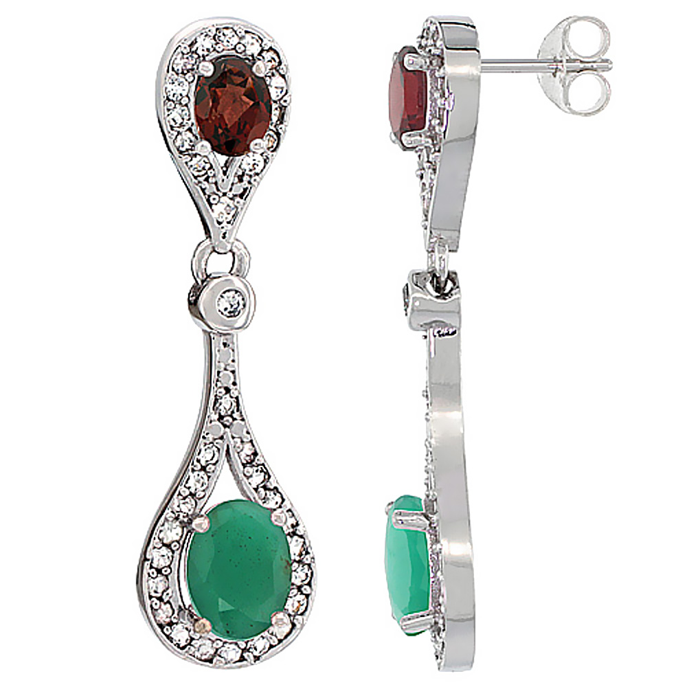14K WHITE GOLD NATURAL EMERALD & GARNET OVAL DANGLING EARRINGS WHITE SAPPHIRE & DIAMOND ACCENTS, 1 3/8 INCHES LONG