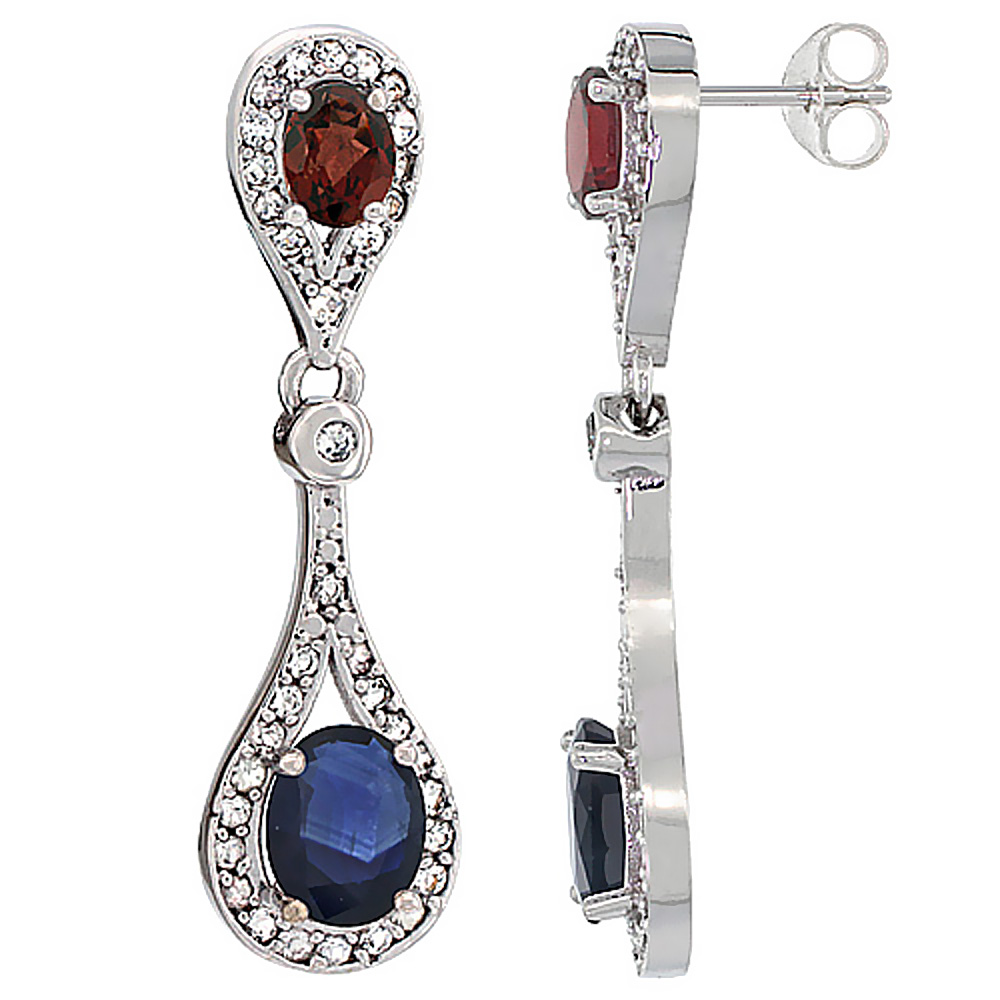 14K WHITE GOLD NATURAL BLUE SAPPHIRE & GARNET OVAL DANGLING EARRINGS WHITE SAPPHIRE & DIAMOND ACCENTS, 1 3/8 INCHES LONG