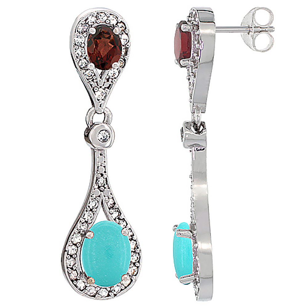 14K WHITE GOLD NATURAL TURQUOISE & GARNET OVAL DANGLING EARRINGS WHITE SAPPHIRE & DIAMOND ACCENTS, 1 3/8 INCHES LONG