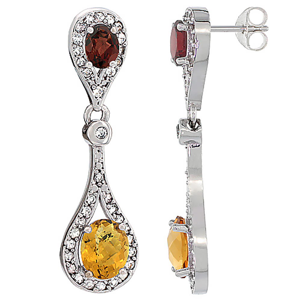 14K WHITE GOLD NATURAL WHISKY QUARTZ & GARNET OVAL DANGLING EARRINGS WHITE SAPPHIRE & DIAMOND ACCENTS, 1 3/8 INCHES LONG
