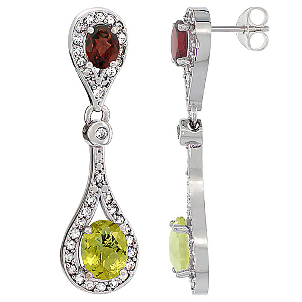 10K White Gold Natural Lemon Quartz &amp; Garnet Oval Dangling Earrings White Sapphire &amp; Diamond Accents, 1 3/8 inches long