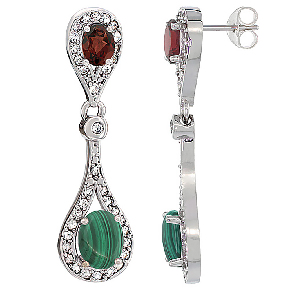 14K WHITE GOLD NATURAL MALACHITE & GARNET OVAL DANGLING EARRINGS WHITE SAPPHIRE & DIAMOND ACCENTS, 1 3/8 INCHES LONG