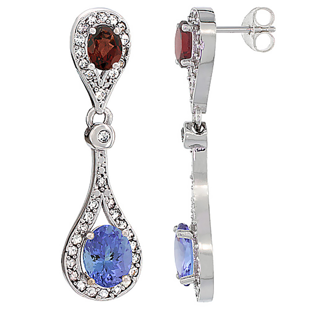 14K WHITE GOLD NATURAL TANZANITE & GARNET OVAL DANGLING EARRINGS WHITE SAPPHIRE & DIAMOND ACCENTS, 1 3/8 INCHES LONG