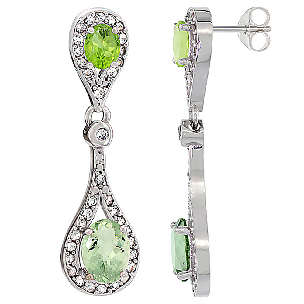 14K WHITE GOLD NATURAL GREEN AMETHYST & PERIDOT OVAL DANGLING EARRINGS WHITE SAPPHIRE & DIAMOND ACCENTS, 1 3/8 INCHES LONG