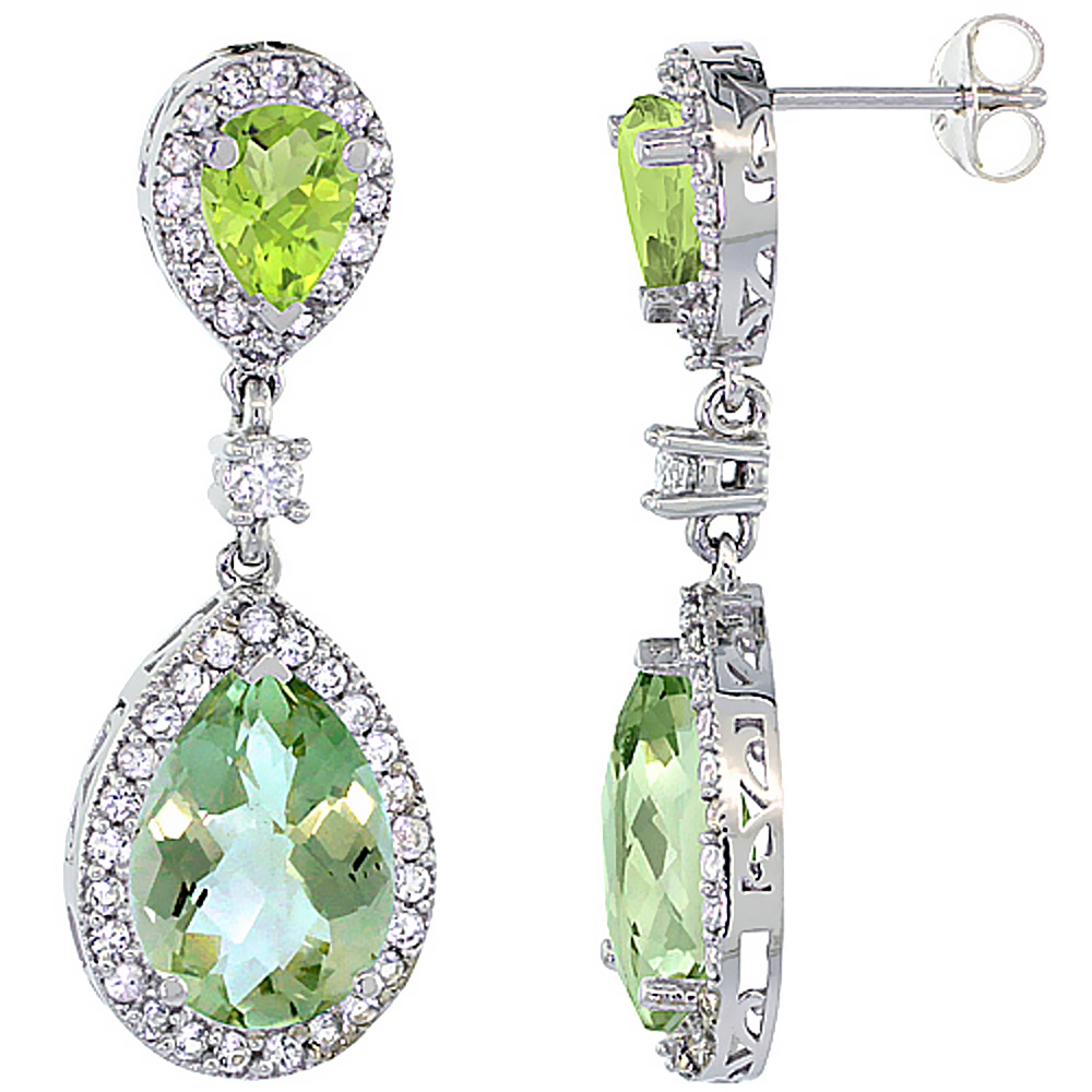 14K White Gold Natural Amethyst & Peridot Teardrop Earrings White Sapphire & Diamond