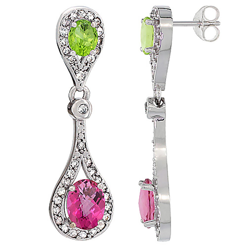 10K WHITE GOLD NATURAL PINK TOPAZ & PERIDOT OVAL DANGLING EARRINGS WHITE SAPPHIRE & DIAMOND ACCENTS, 1 3/8 INCHES LONG