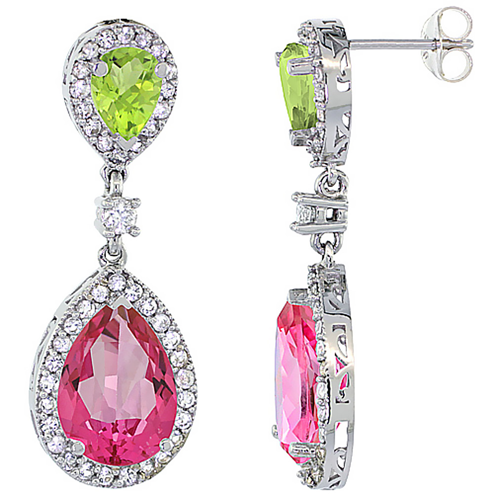 10K WHITE GOLD NATURAL PINK TOPAZ & PERIDOT TEARDROP EARRINGS WHITE SAPPHIRE & DIAMOND