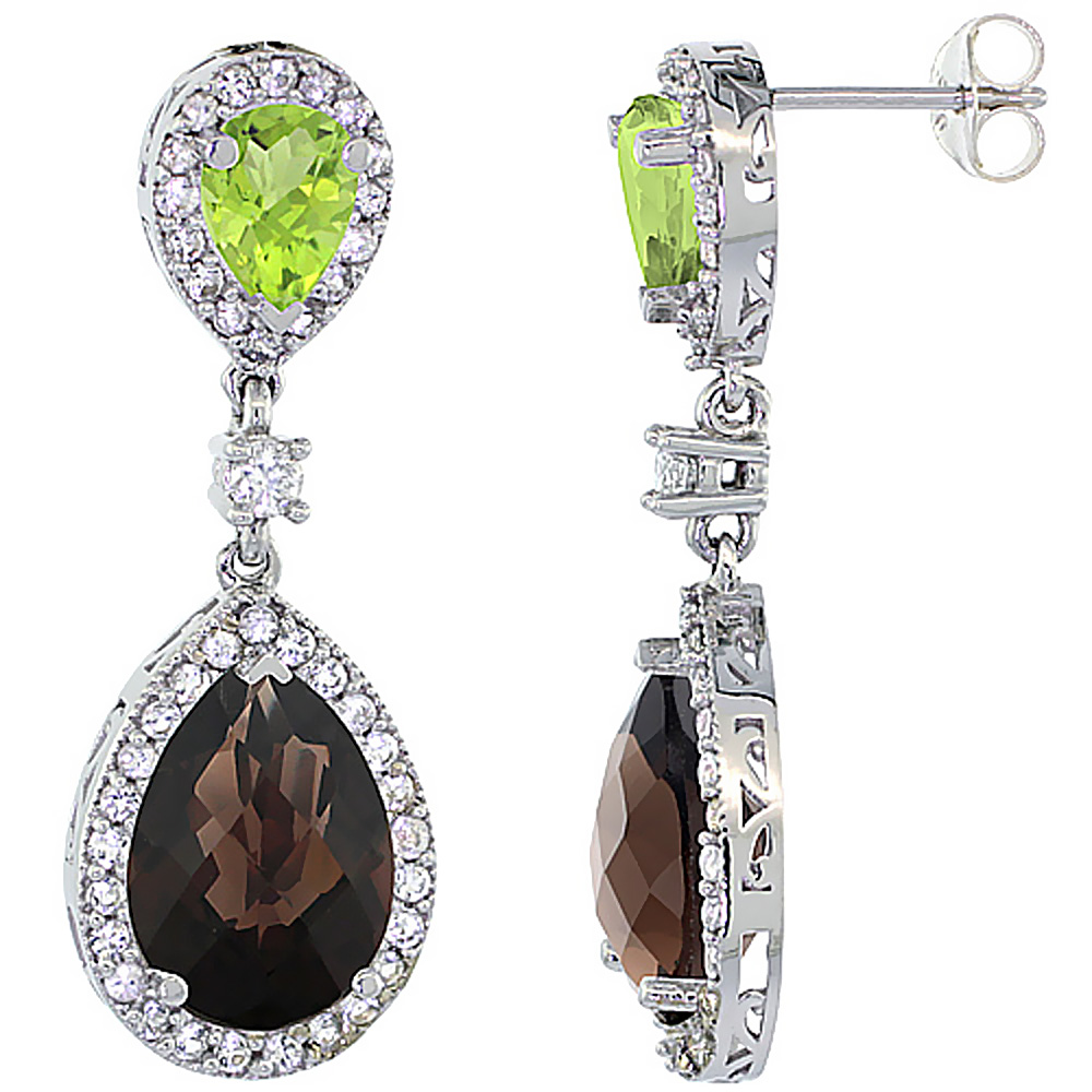 10K WHITE GOLD NATURAL SMOKY TOPAZ & PERIDOT TEARDROP EARRINGS WHITE SAPPHIRE & DIAMOND