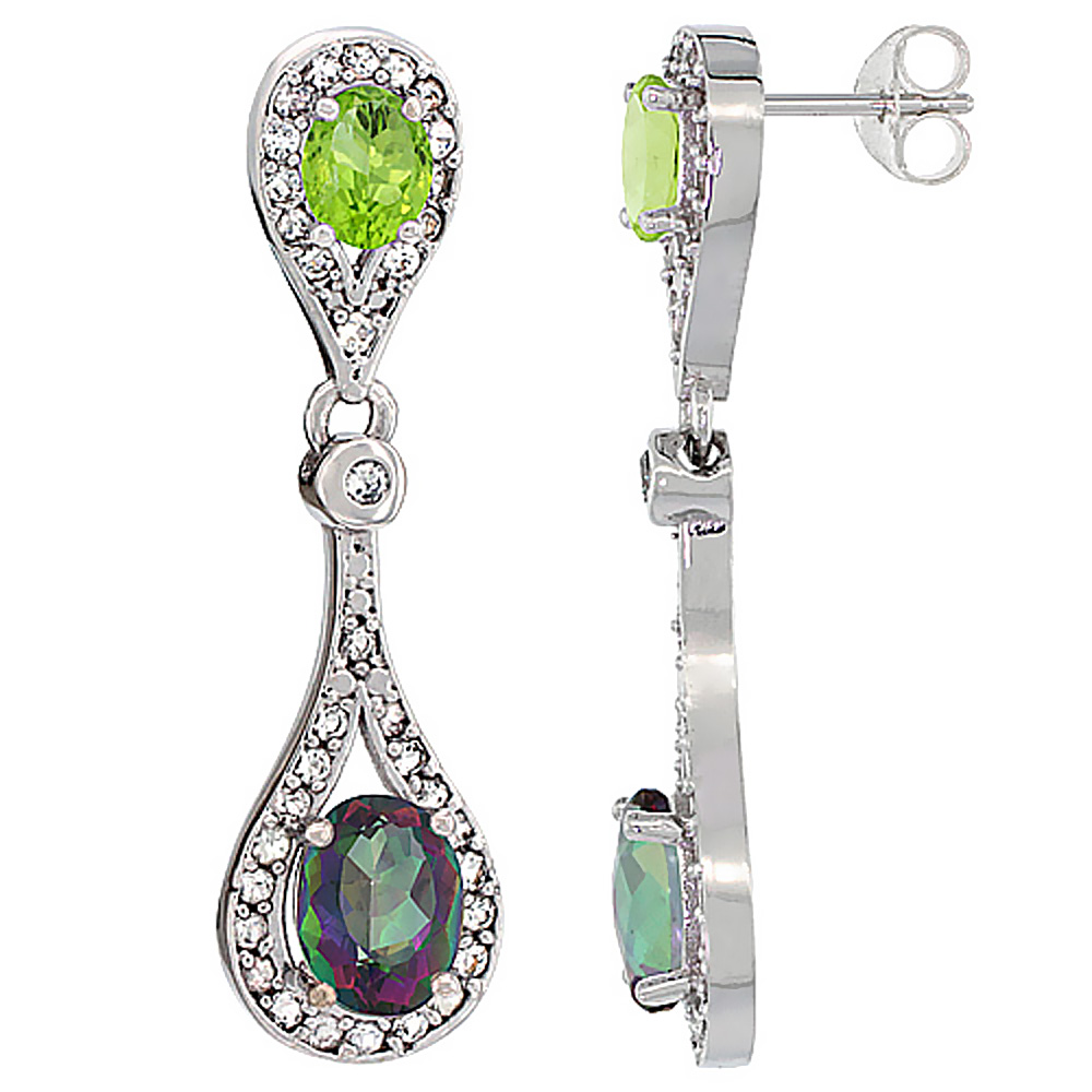10K WHITE GOLD NATURAL MYSTIC TOPAZ & PERIDOT OVAL DANGLING EARRINGS WHITE SAPPHIRE & DIAMOND ACCENTS, 1 3/8 INCHES LONG
