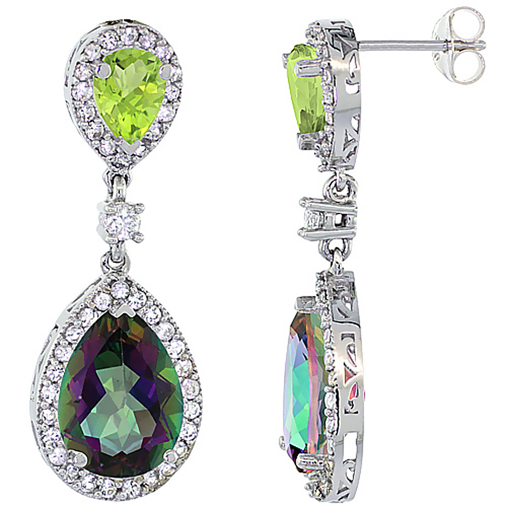 10K WHITE GOLD NATURAL MYSTIC TOPAZ & PERIDOT TEARDROP EARRINGS WHITE SAPPHIRE & DIAMOND