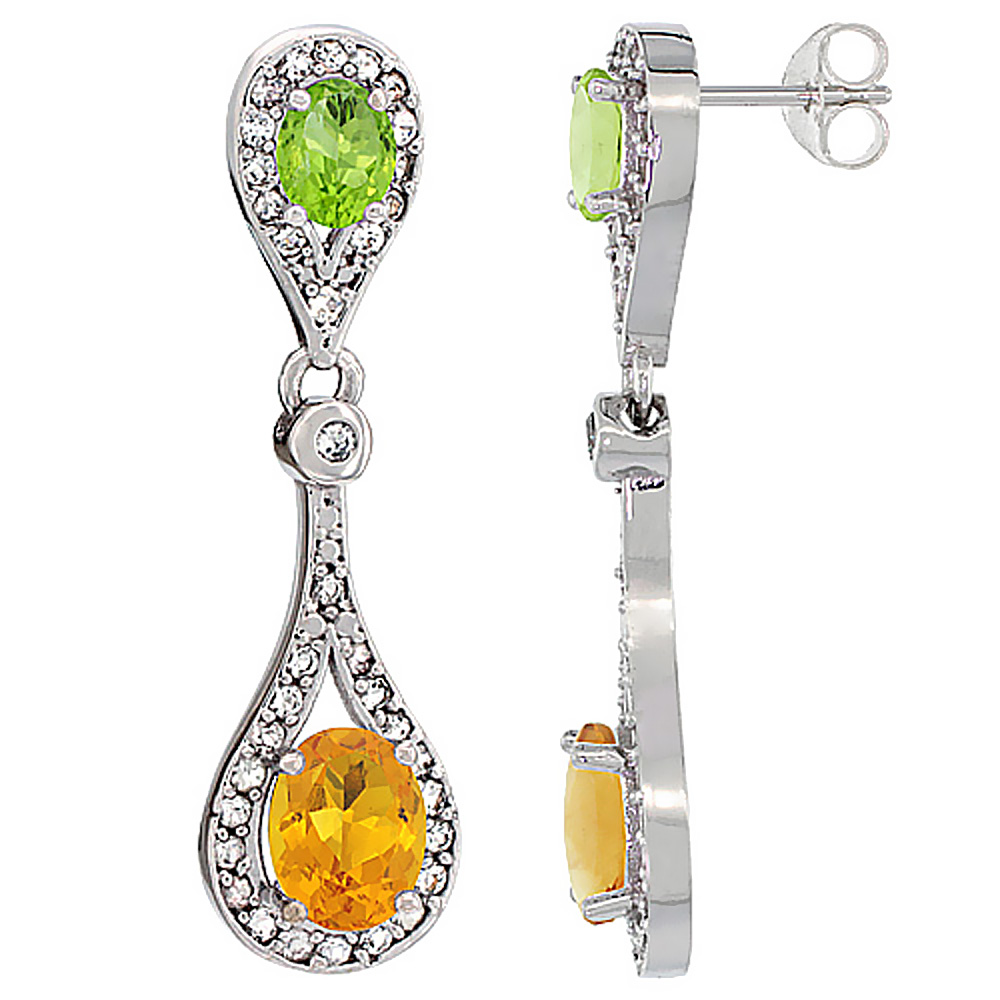 10K WHITE GOLD NATURAL CITRINE & PERIDOT OVAL DANGLING EARRINGS WHITE SAPPHIRE & DIAMOND ACCENTS, 1 3/8 INCHES LONG