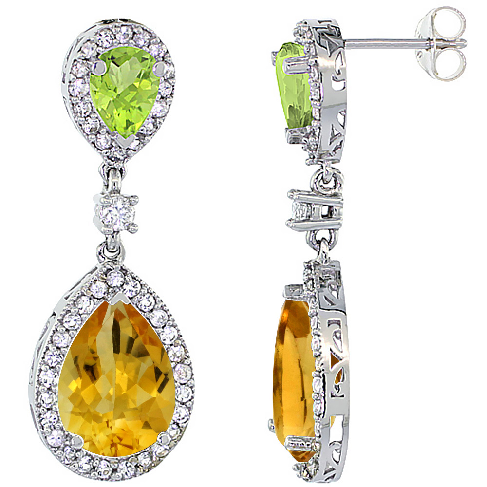 10K WHITE GOLD NATURAL CITRINE & PERIDOT TEARDROP EARRINGS WHITE SAPPHIRE & DIAMOND