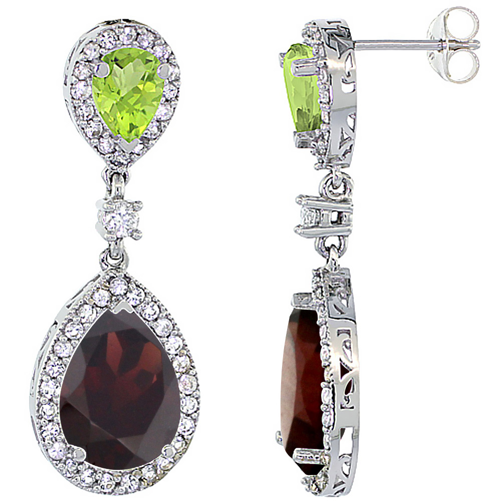 10K WHITE GOLD NATURAL GARNET & PERIDOT TEARDROP EARRINGS WHITE SAPPHIRE & DIAMOND