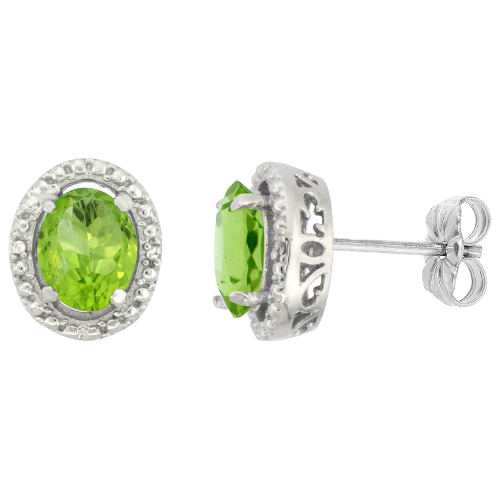 10K White Gold 0.01 cttw Diamond Natural Peridot Post Earrings Oval 7x5 mm