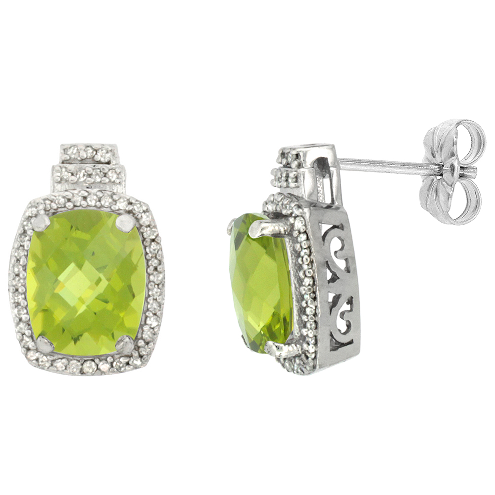 10K White Gold 0.29 cttw Diamond Natural Peridot Earrings Octagon Cushion 8x6 mm