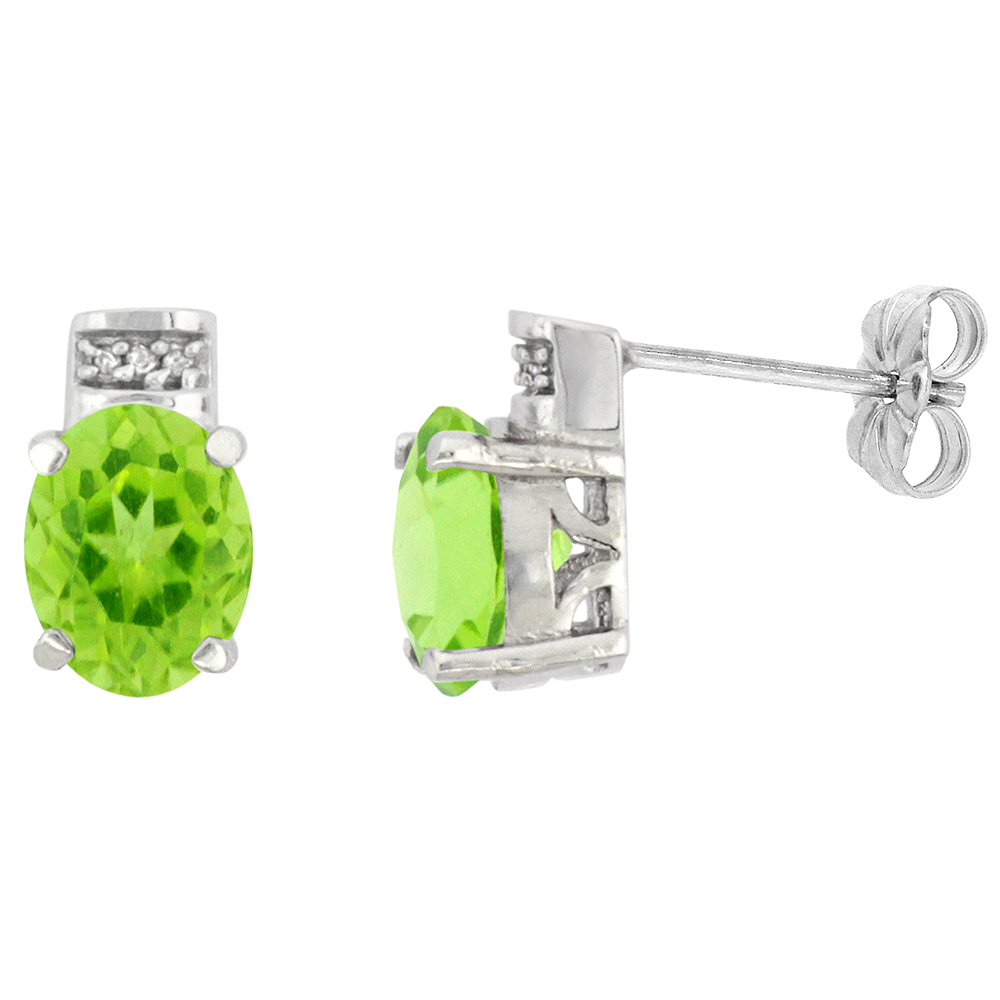 10K White Gold Diamond Natural Peridot Earrings Oval 8x6 mm